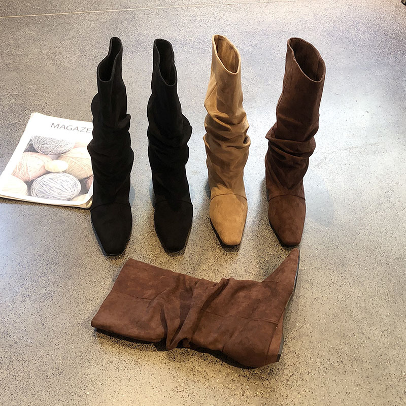 绒面翻折褶皱堆堆靴粗跟中筒靴子