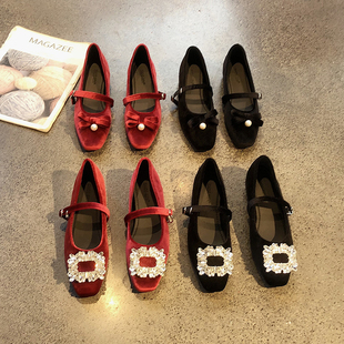 内增高方头水钻扣气质晚晚鞋2026年春季新款绒面蝴蝶结珍珠单鞋女