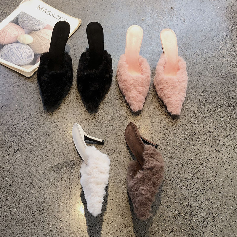 尖头高跟名媛半拖鞋女细跟毛毛鞋