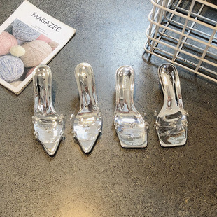 巨好看 银色水钻尖头露趾透明一字带细跟凉拖女夏外穿酒杯高跟鞋