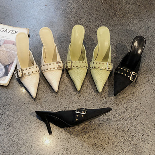 绒面尖头铆钉皮带扣细跟包头半拖鞋女春夏外穿浅口气质名媛高跟鞋