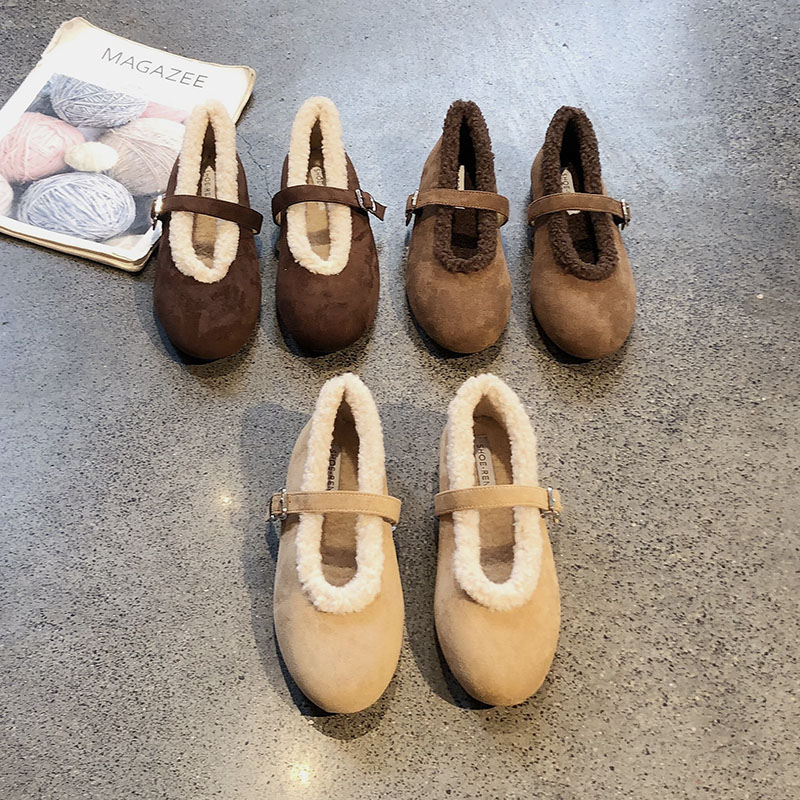 绒面圆头加绒保暖玛丽珍毛毛单鞋