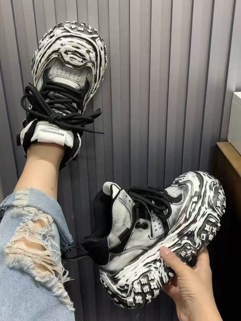 欧洲站2025秋季真皮厚底脏脏老爹鞋女高帮气质溶解大头松糕休闲鞋