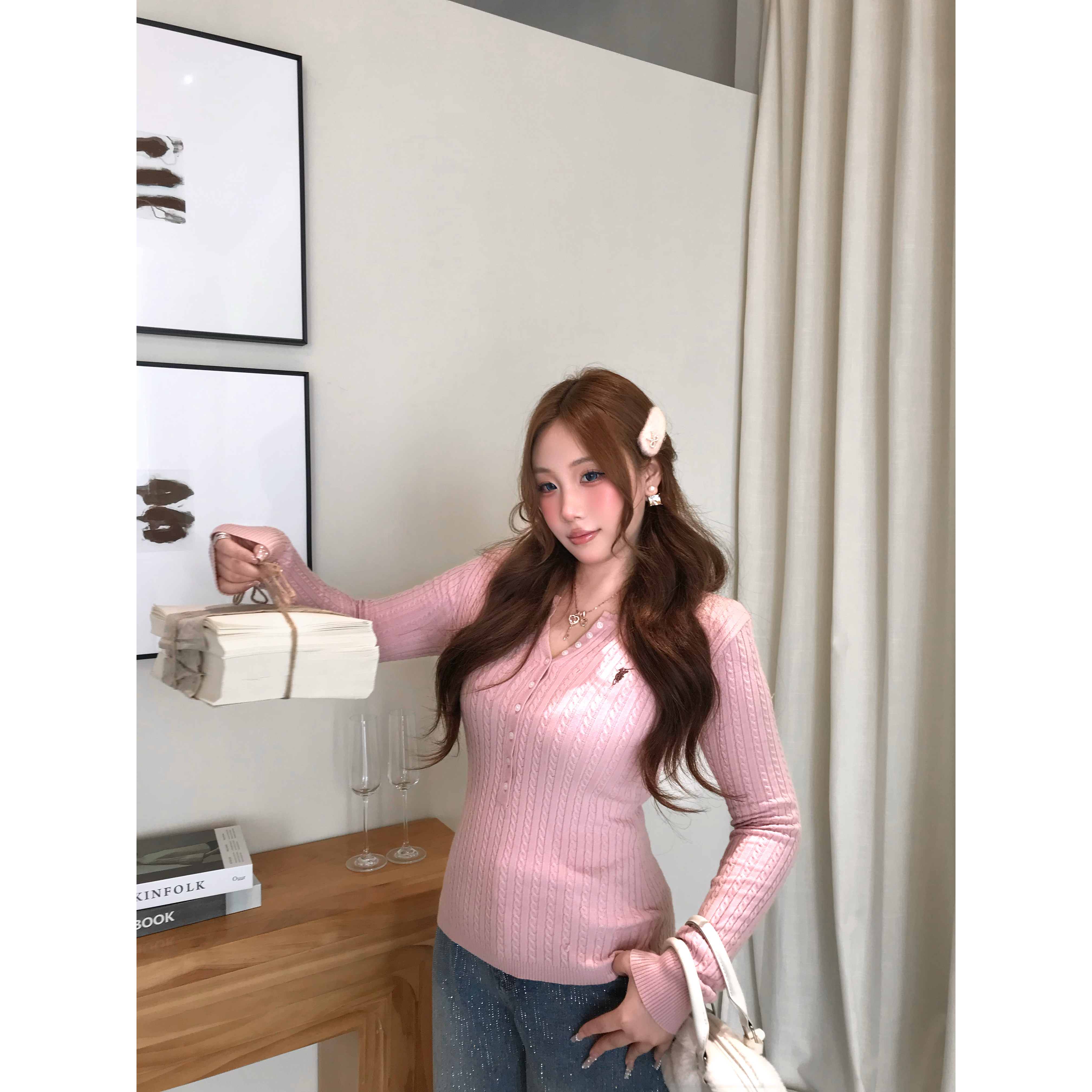 【显白天菜】丝丝定制韩系穿搭粉色麻花连毛衣女慵懒风针织上衣