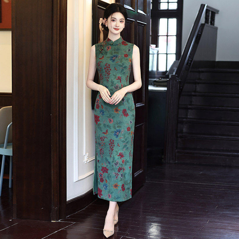 绿色送考无袖国风新中式苏州长款旗袍改良年轻款2026新款女高级感