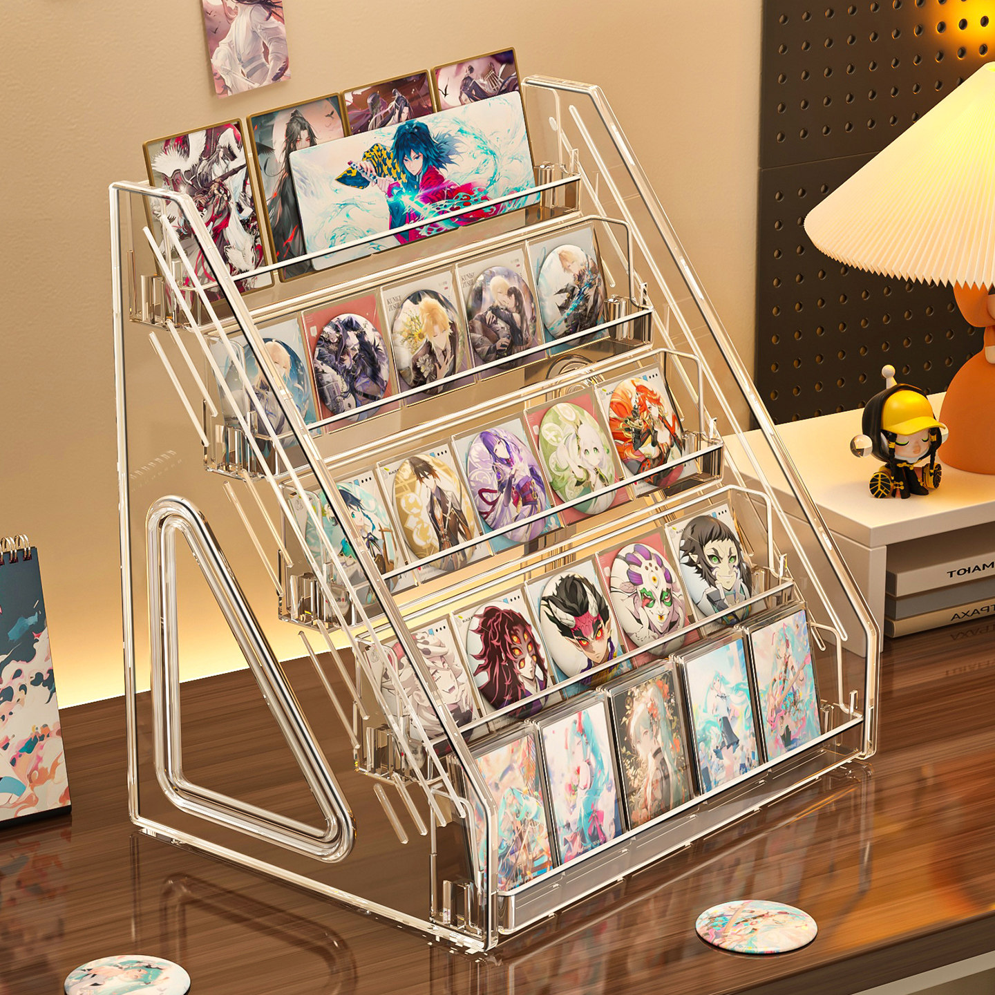 吧唧展示架小卡片桌面亚克力砖色纸徽章阶梯式收纳痛柜谷子陈列架