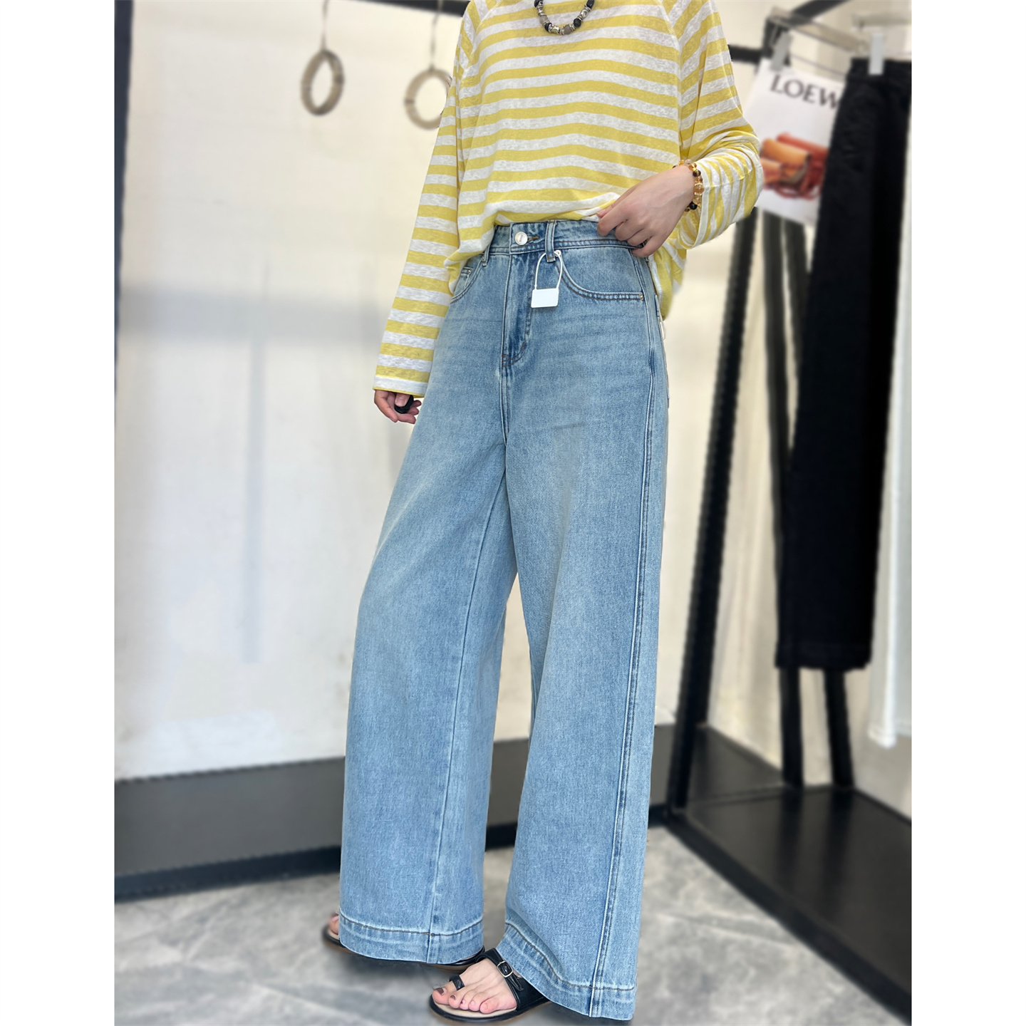 小个子友好~浅蓝色显腿直 微弹力高腰显瘦直筒阔腿牛仔裤女春夏款