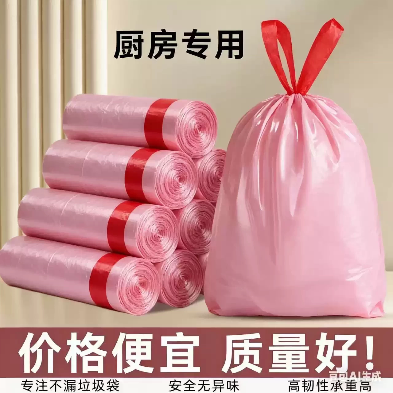 抽绳垃圾袋家用厨房专用粉色实惠装塑料袋塑料垃圾袋自动收口不漏