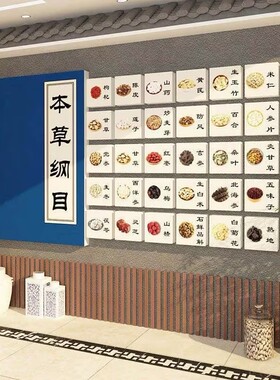本草纲目中医文化养生馆墙面装饰挂画形象背景氛围布置中草药墙贴