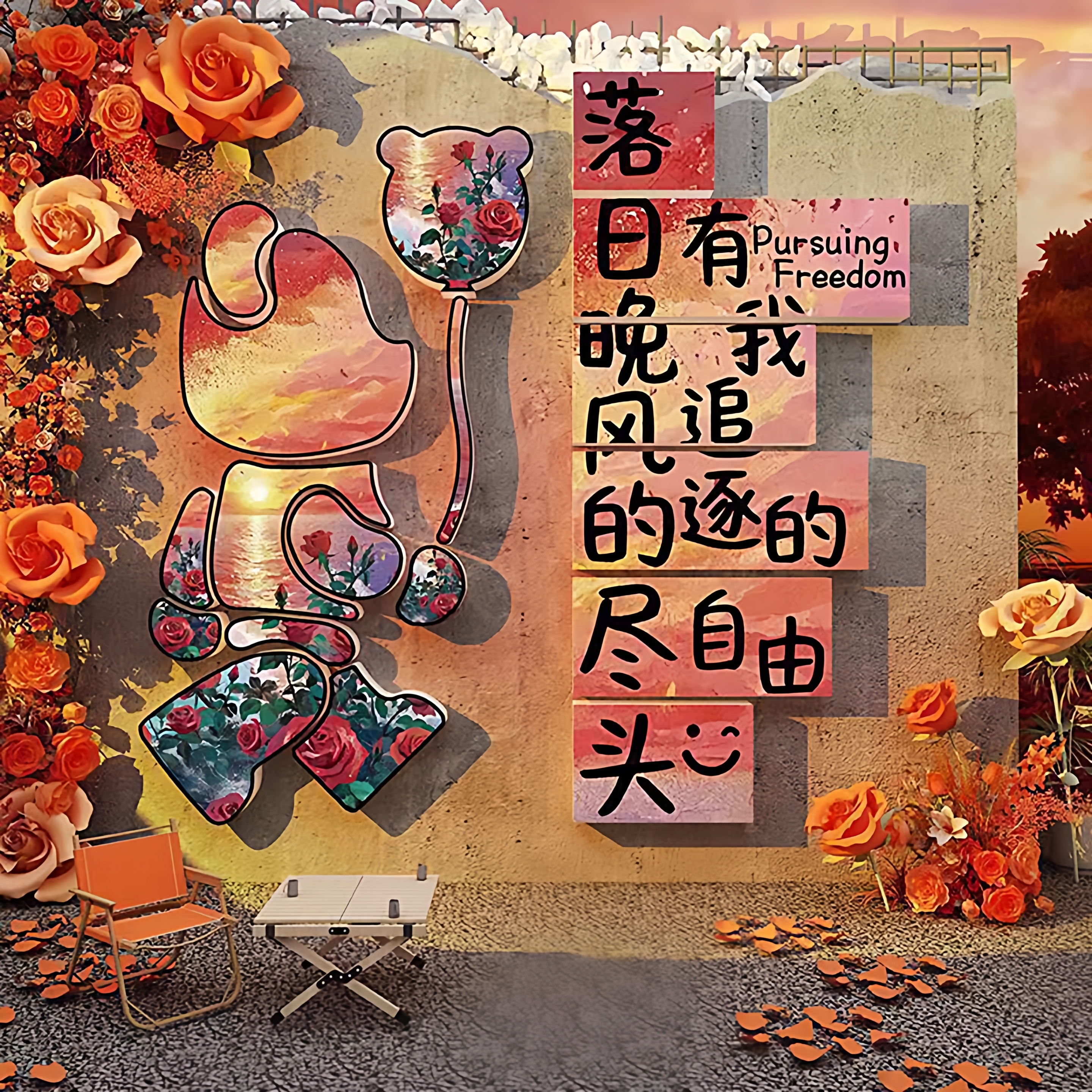 网红打卡拍照区布置日落背景露营花墙面氛围装饰户外小院造景公仔