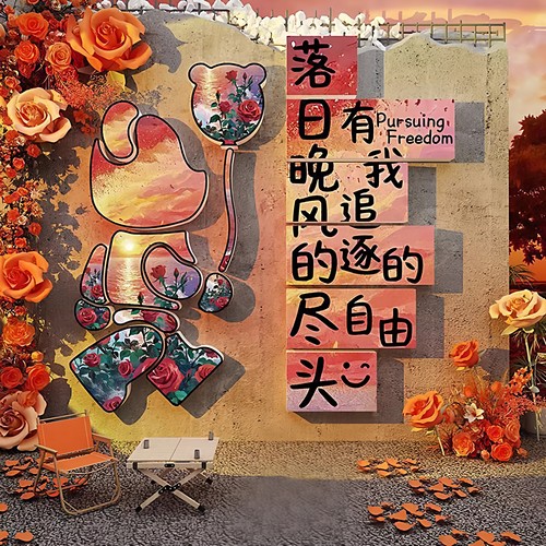 网红打卡拍照区布置日落背景露营花墙面氛围装饰户外小院造景公仔