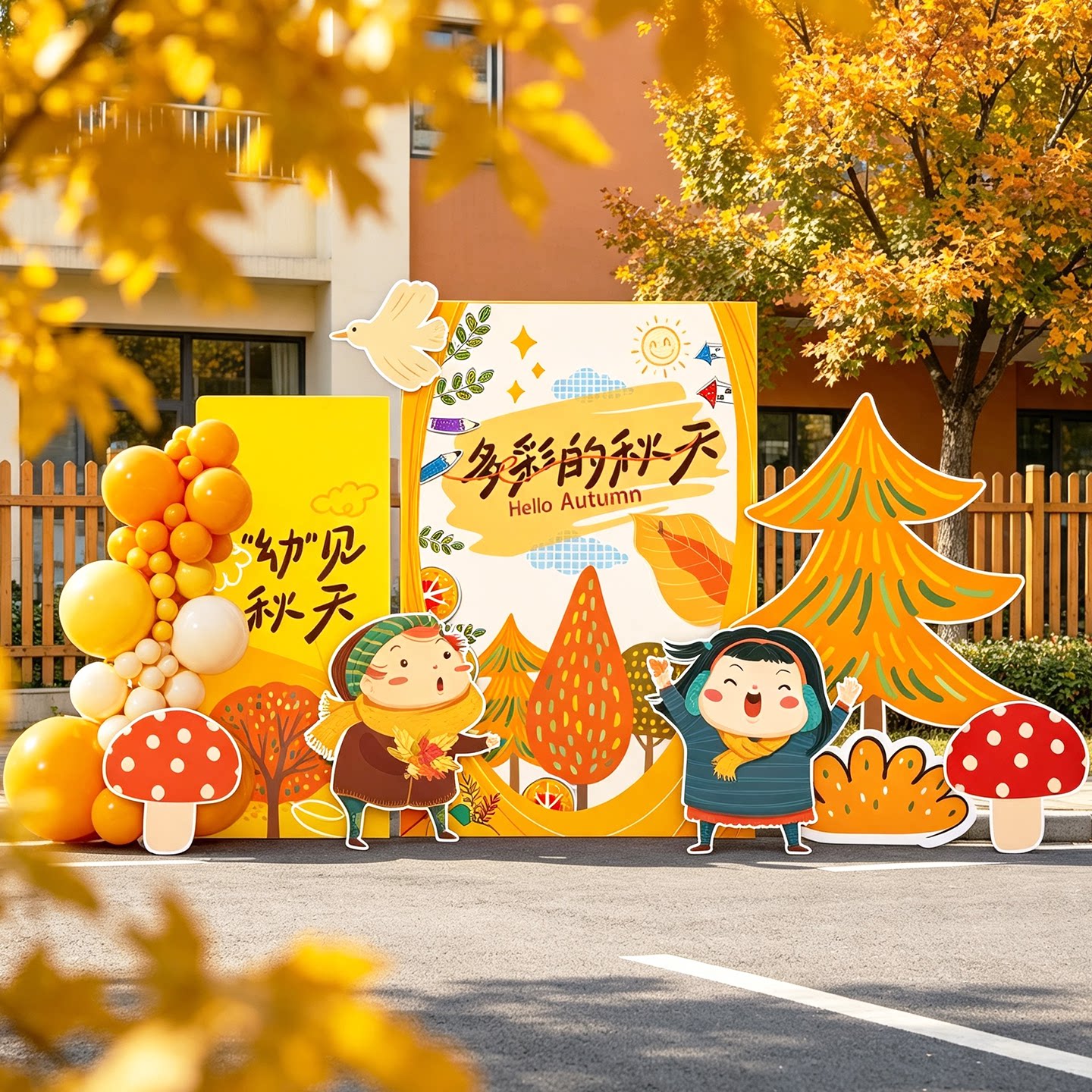 秋天开学季场景布置装饰氛围感丰收幼儿园晒秋环创美陈背景墙kt板