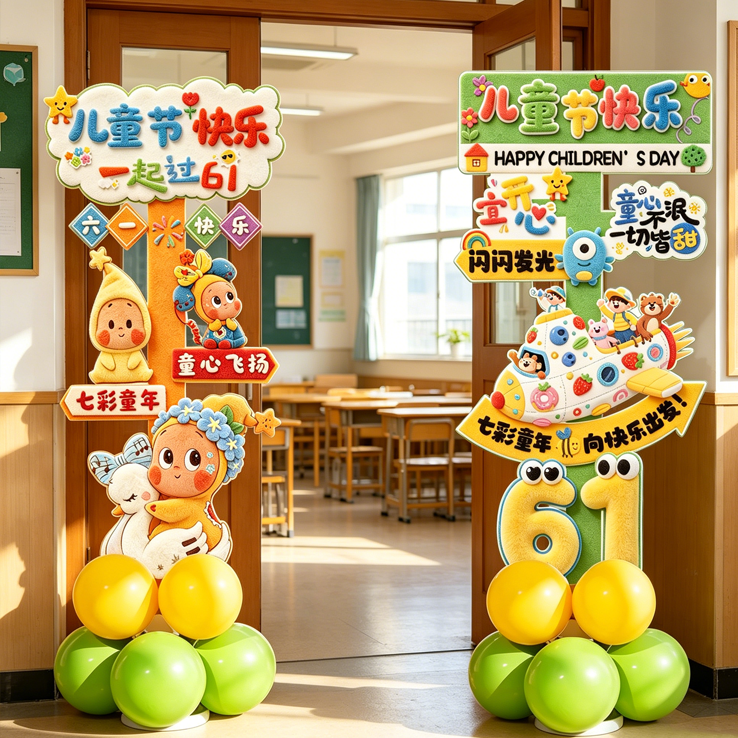 六一儿童节场景布置幼儿园教室装饰打卡拍照氛围道具路引气球立柱