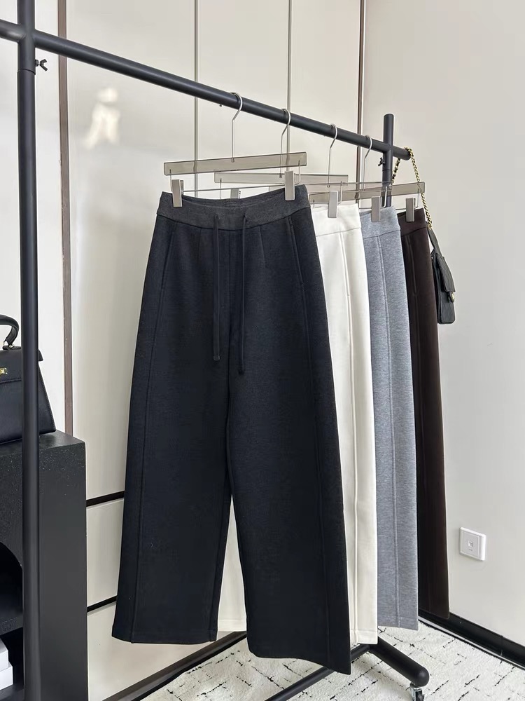 欧货冬季高档中高腰抽绳羊毛阔腿裤