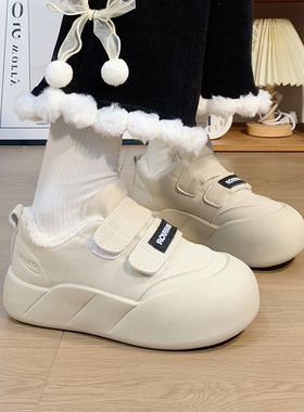 回力魔术贴厚底板鞋女冬加绒丑萌大头面包女鞋百搭爆款保暖二棉鞋