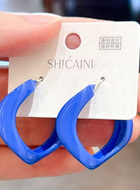 简约滴釉柏林蓝色不规则环形耳环女轻奢防过敏银针耳圈气质耳饰