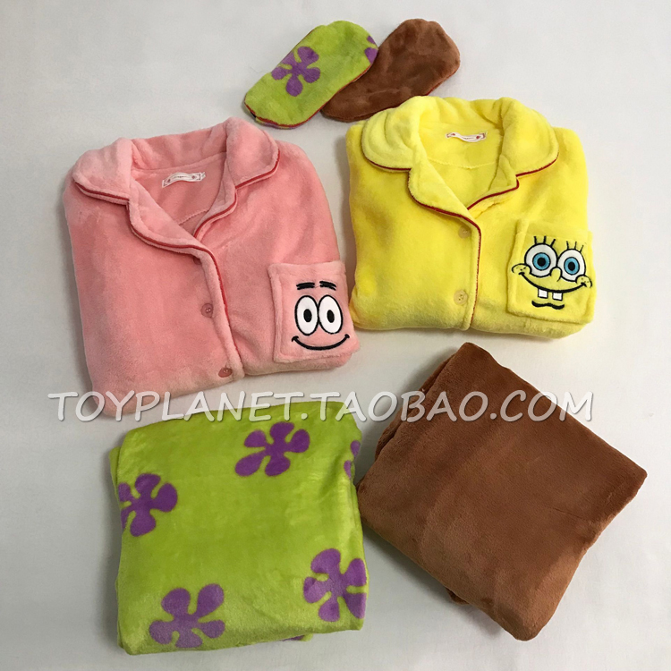 韩系海绵宝宝珊瑚绒外穿情侣睡衣