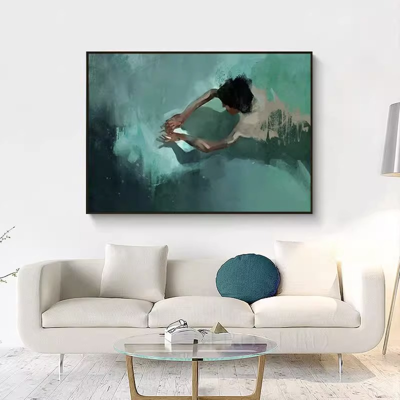 梦幻之美!人物抽象游泳装饰画人像油画墨绿色挂画人体裸艺术横版