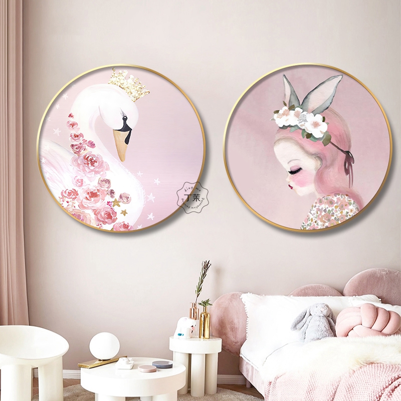 儿童房装饰画公主房圆形床头女孩房间卧室床头轻奢挂画卡通壁画图片