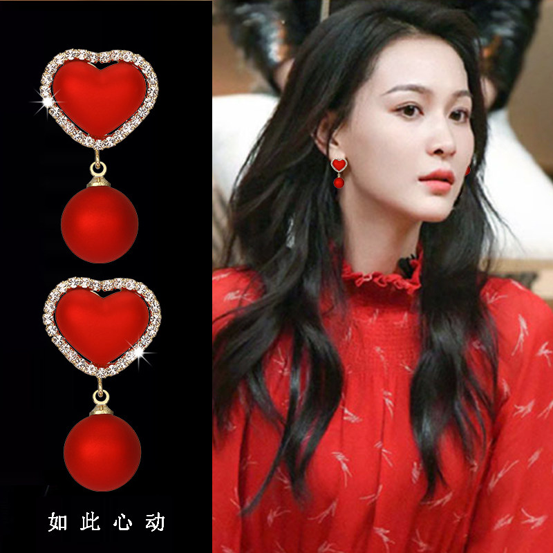 红色爱心女珍珠冷淡风99纯银耳环