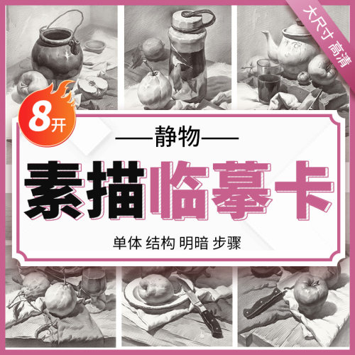素描静物临摹卡8K卡片高清精微创意石膏画卡单体组合明暗结构步骤国美初级学照片作品自学零基础入门画册书美术绘画对照描摹练习卡