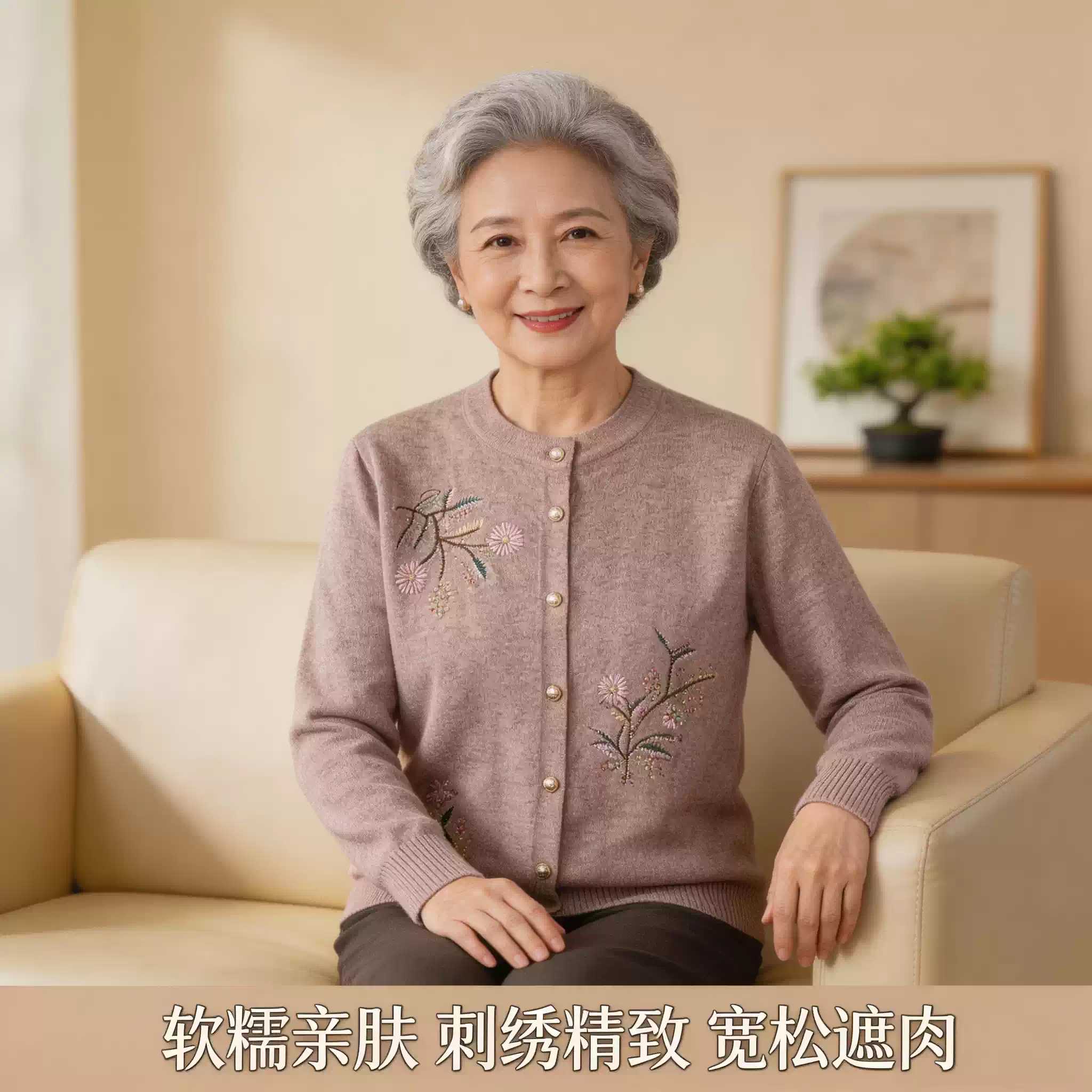中老年人春秋新款针织薄款外套女妈妈秋装毛衣老太太针织开衫大尺