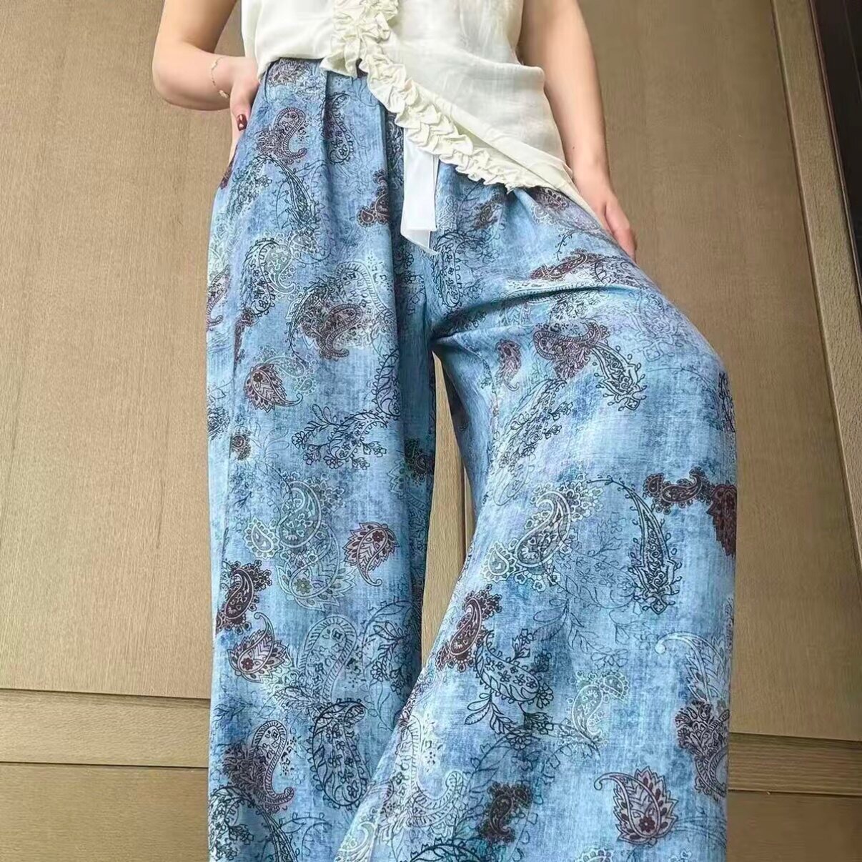 棉绸裤直筒阔腿裤夏季新款棉绸裤女士薄款家居外穿宽松棉绸印花