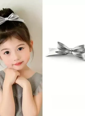 2026新款儿童发饰可爱女童宝宝珠光银灰色蝴蝶结发夹鸭嘴夹发饰