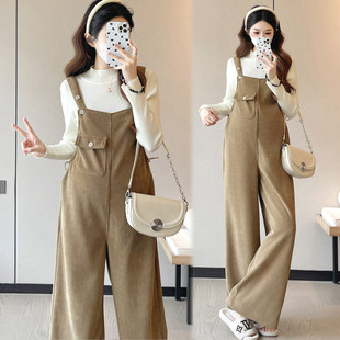 孕妇背带裤秋冬装2025新款宽松大码吊带阔腿休闲裤套装孕期裤子女