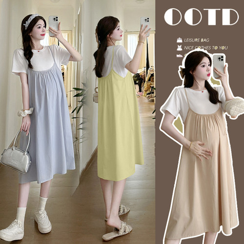 孕妇夏装连衣裙假两件拼接裙