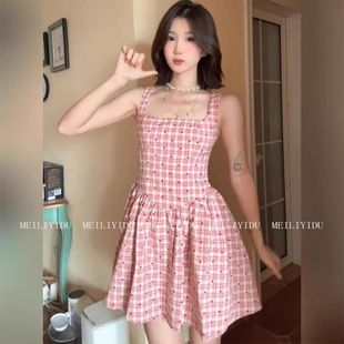 收腰显瘦韩系miu系俏皮少女格纹吊带连衣裙女 纯欲风甜美短裙夏季