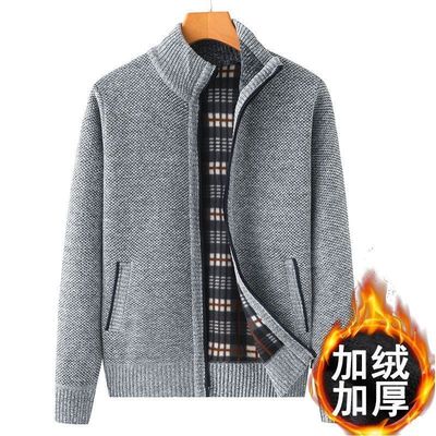 男中年加绒加厚毛开衫爸爸冬装保暖上衣中老年人拉链毛衣外套