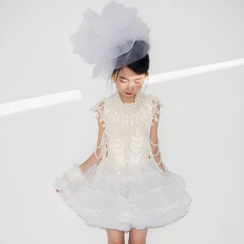 白色女童珍珠礼服2026新款花童婚礼小女孩公主裙绝美主持人演出服