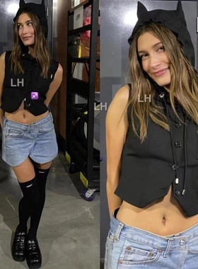 Copern*比伯娇妻海莉hailey同款雅痞小野猫耳朵叠搭黑色西装马夹