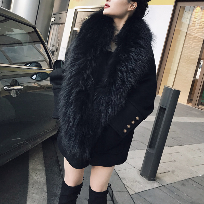 SXS超大貉子毛领黑色大衣女2毛呢外套
