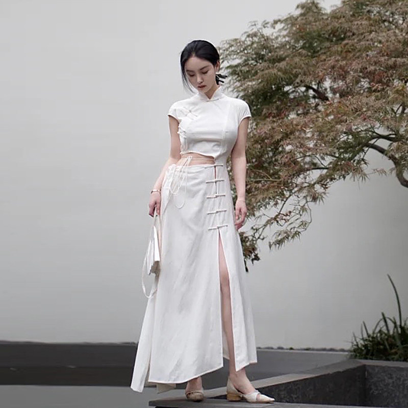 小众设计yehua fan同款古风禅意中式中国风改良旗袍白修身连衣裙