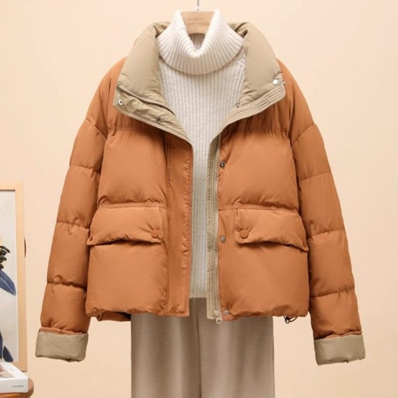 爆款2024冬季新款时尚韩版羽绒服女短款拼色加厚面包服小个子外套
