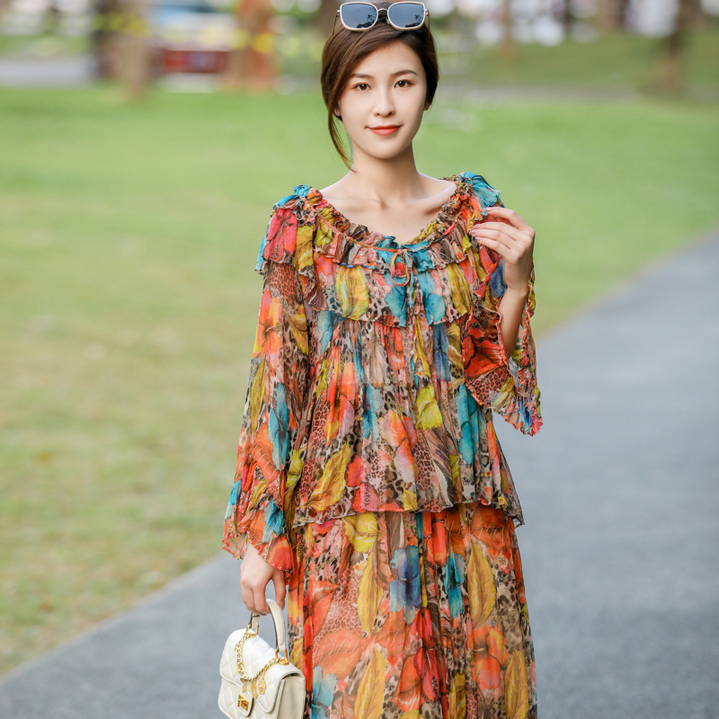 真丝套装女大码宽松胖mm减龄时尚洋气桑蚕丝印花上衣阔腿裤两件套