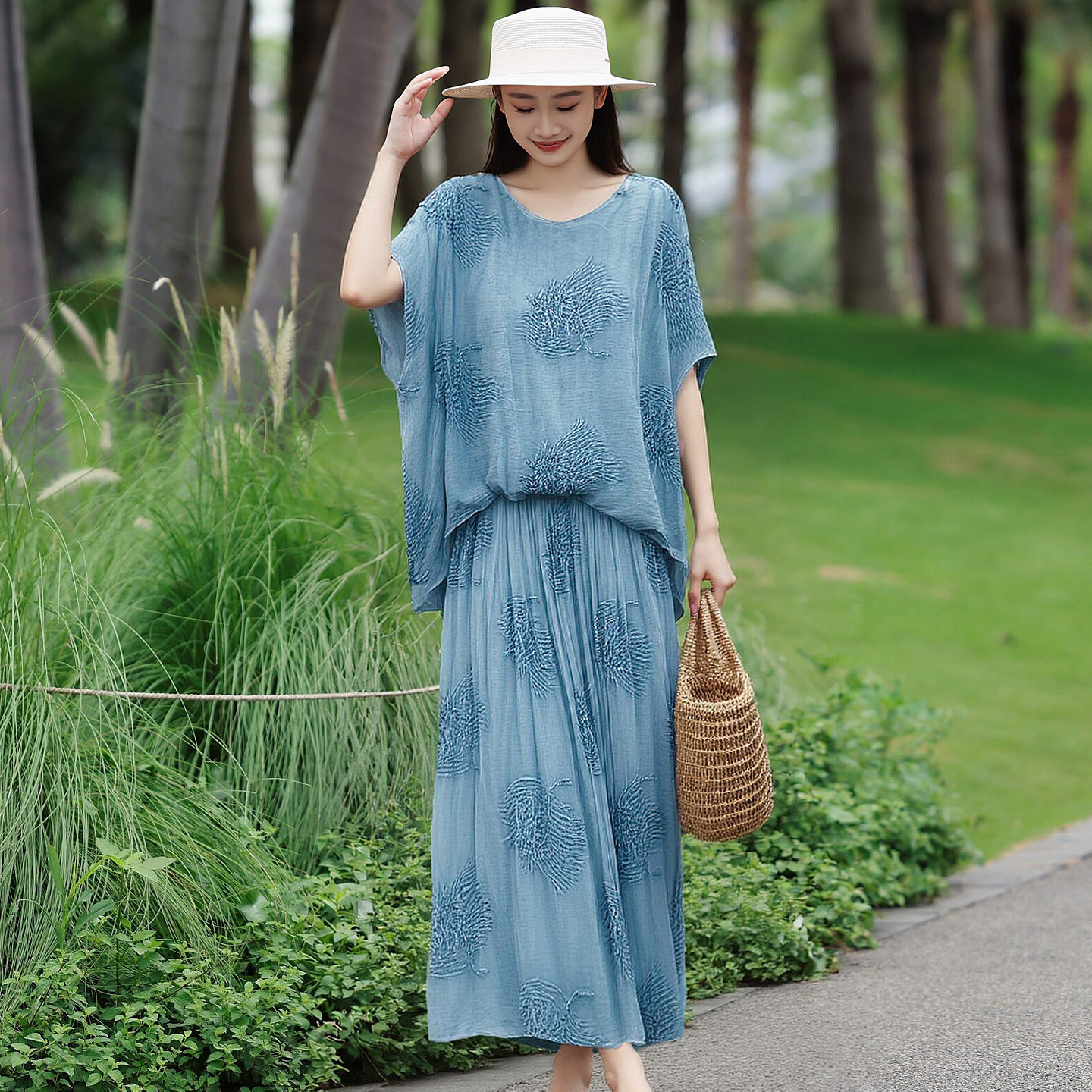 桑蚕丝套装裙中年妈妈宽松遮肚显瘦上衣半身裙时尚气质减龄两件套