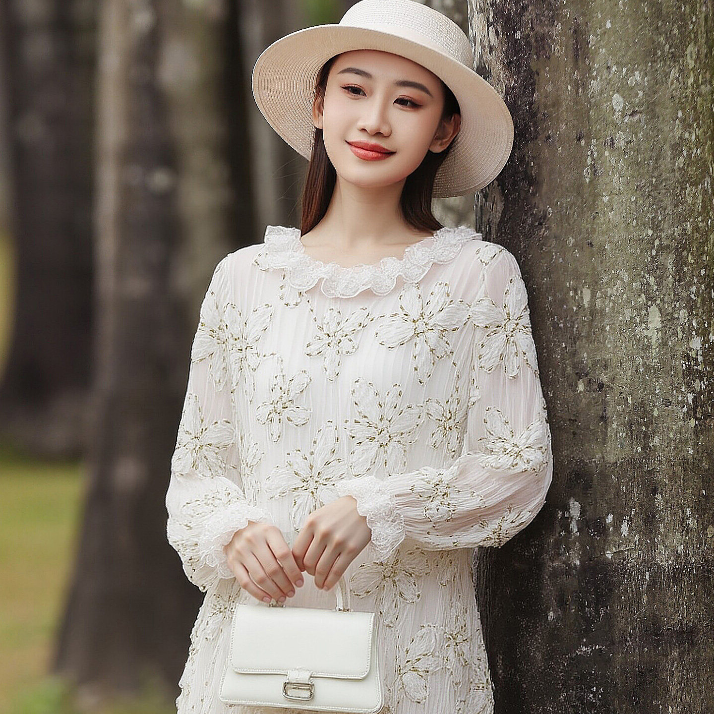 真丝桑蚕丝连衣裙女白色高级感轻奢盘花刺绣中长款大码显瘦A字裙