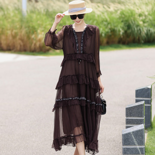 真丝桑蚕丝连衣裙女时尚年轻款原创设计高端轻奢高级纯色度假长裙