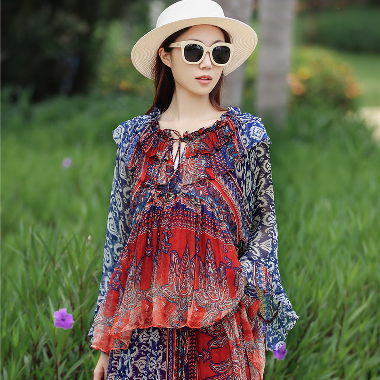 真丝套装裙中年妈妈时尚百搭夏季轻盈透气高档上衣半裙印花两件套