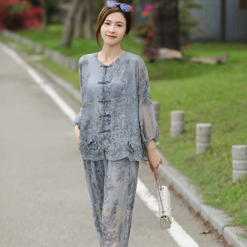 民族风盘扣套装女刺绣真丝两件套