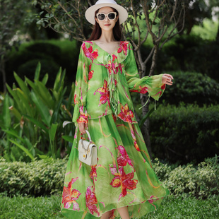 桑蚕丝套装裙女高级感轻奢时尚印花洋气质吊带裙上衣两件套连衣裙