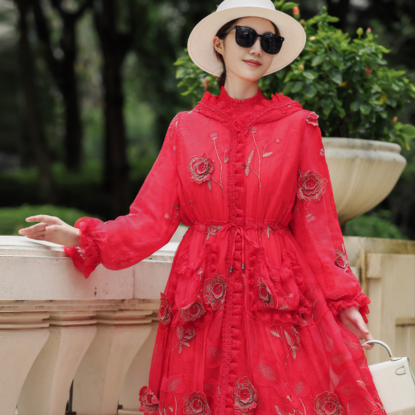 桑蚕丝棉服女小个子时尚减龄复古红色洋气宽松收腰中长款棉衣外套