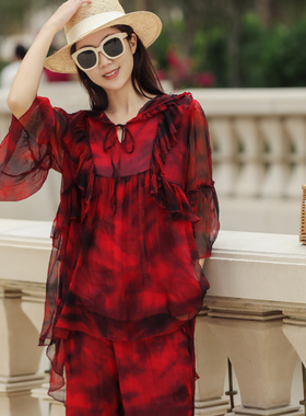 真丝套装女复古红色中年妈妈喜婆婆洋气质减龄宽松上衣裤子两件套