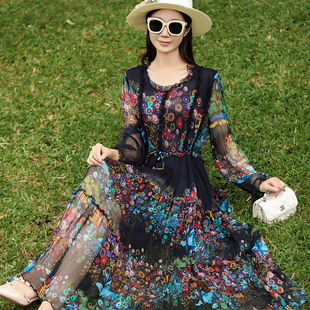 真丝桑蚕丝连衣裙女轻奢高级感印花黑色宽松收腰显瘦海边度假长裙