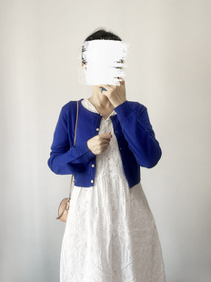 女士通勤纯色开衫 cecil秋季 针织衫 短款 外套 复古宝蓝色圆领长袖