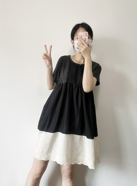 千惠梓夏季薄款纯棉刺绣圆领短袖宽松高腰款连衣裙灰黑色棉布裙子