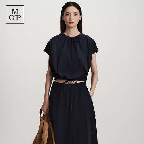 MOP圆领气质设计藏青衬衫短袖女